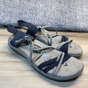 Skechers Womens Reggae Slim Takes Two Navy/Gray Slip on Stretch Sandals Size 9